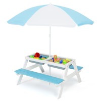 Costzon Kids Picnic Table, 3 In 1 Sand & Water Table W/Height Adjustable Umbrella, Removable Tabletop, Children Outdoor Toy Playset W/2 Play Boxes, Wooden Convertible Activity Play Table