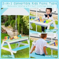 Costzon Kids Picnic Table, 3 In 1 Sand & Water Table W/Height Adjustable Umbrella, Removable Tabletop, Children Outdoor Toy Playset W/2 Play Boxes, Wooden Convertible Activity Play Table