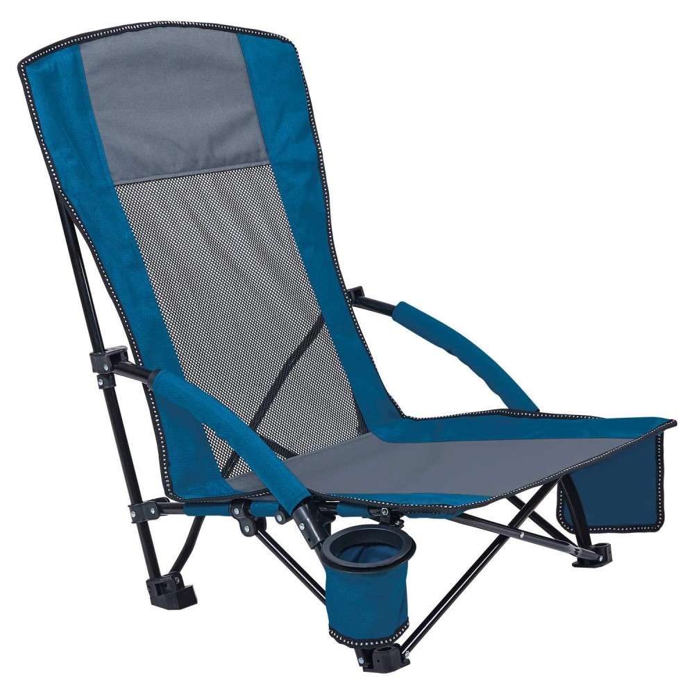 Xgear Low Seat Beach Chair High Back Camping Chair Camp Chair Lawn Chair With Cup Holder & Carry Bag For Outdoor, Camping, Bbq, Beach, Travel, Picnic, Festival (1Pc/ Blue)