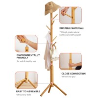 Bmosu Coat Rack Freestanding Stand Bamboo Wooden 8 Hooks 3 Adjustable Tree Standing Coat Jackets Hanger Easy Assembly Hallway Mounted Corner Parlor Office Floor Stand For Clothes Nature