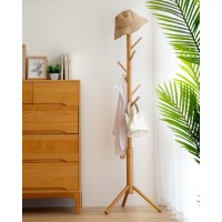 Bmosu Coat Rack Freestanding Stand Bamboo Wooden 8 Hooks 3 Adjustable Tree Standing Coat Jackets Hanger Easy Assembly Hallway Mounted Corner Parlor Office Floor Stand For Clothes Nature