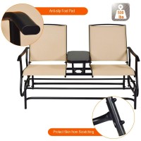 Giantex Patio Bench Glider Chair With Metal Frame, Center Tempered Glass Table, Outside Double Rocking Swing Loveseat For Porch, Garden, Poolside, Balcony, Lawn Rocker Outdoor Glider Bench(Beige)