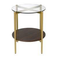 Otto 20'' Wide Round Side Table With Mdf Shelf In Gold And Walnut