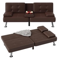 Flamaker Futon Sofa Bed Modern Faux Leather Couch, Convertible Folding Futon Couch Recliner Lounge For Living Room With 2 Cup Holders With Armrest (Brown)