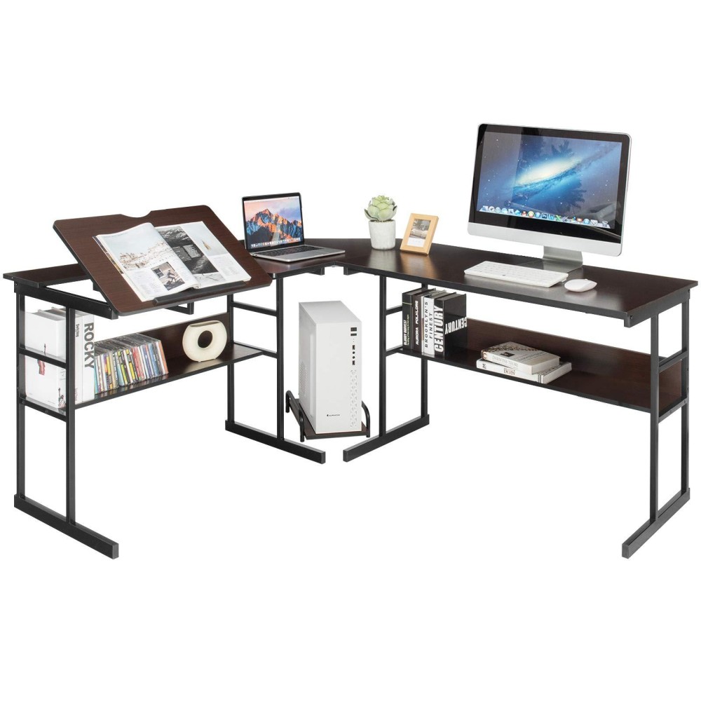 Tangkula 67 Inches L-Shaped Office Desk, Corner Computer Desk With Bottom Bookshelves & Cpu Stand, Drafting Drawing Table With Tiltable Desktop, Corner Computer Workstation Home Office Desk