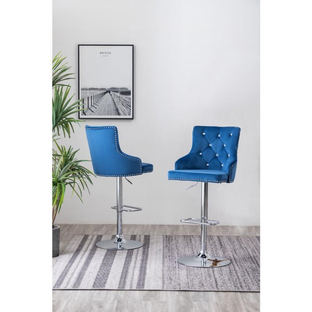 Tufted Velvet Upholstered Adjustable Bar Stool in Navy Blue Set of 2