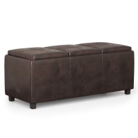 Simplihome Avalon 42 Inch Wide Contemporary Rectangle Storage Ottoman In Distressed Brown Vegan Faux Leather, For The Living Room, Entryway And Family Room