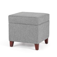 Adeco 17? Square Ottoman With Storage- Small Storage Ottoman Foot Rest With Hinged Lid- Light Gray Faux Linen Fabric Upholstered Footstool With Sturdy Wood Legs