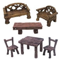 Trasfit 6 Pieces Miniature Table And Chairs Set, Fairy Garden Furniture Bench Ornaments Kit For Dollhouse Accessories, Home Micro Landscape Decoration (Style B)