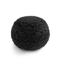 Lane Linen Pouf Ottoman Hand Knitted Cable Style Dori Pouf - Macram?Pouf - Floor Ottoman - 100% Cotton Braid Cord, Handmade & Hand Stitched -One Of A Kind Seating - 20 Diameter X 14 Height - Black