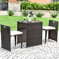 Tangkula 3 Piece Outdoor Rattan Dining Set, No Assembly Patio Bistro Set with Tempered Glass Table, Space Saving Patio Wicker Cushioned Chair Furniture Set for Courtyard, Balcony, Garden (Brown)