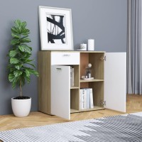 Vidaxl Sideboard, Sideboard Cabinet Commode, Storage Sideboard With 2 Doors, Storage Side Cabinet, Scandinavian, White And Sonoma Oak Engineered Wood