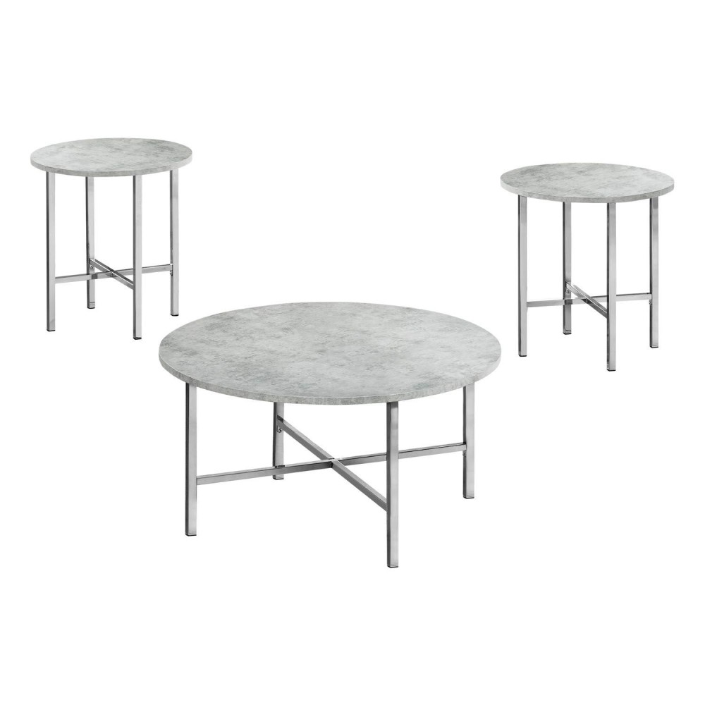 Monarch Specialties Coffee Set of 3 for Living Room Round Metal Legs Includes Cocktail 2 End Ocassional Table Set Grey