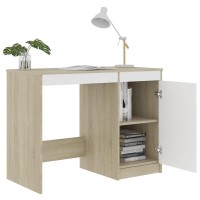 Vidaxl Desk, Standing Computer Desk With Shelves, Home Office Desk, Workstation For Living Room, Scandinavian, White And Sonoma Oak Engineered Wood