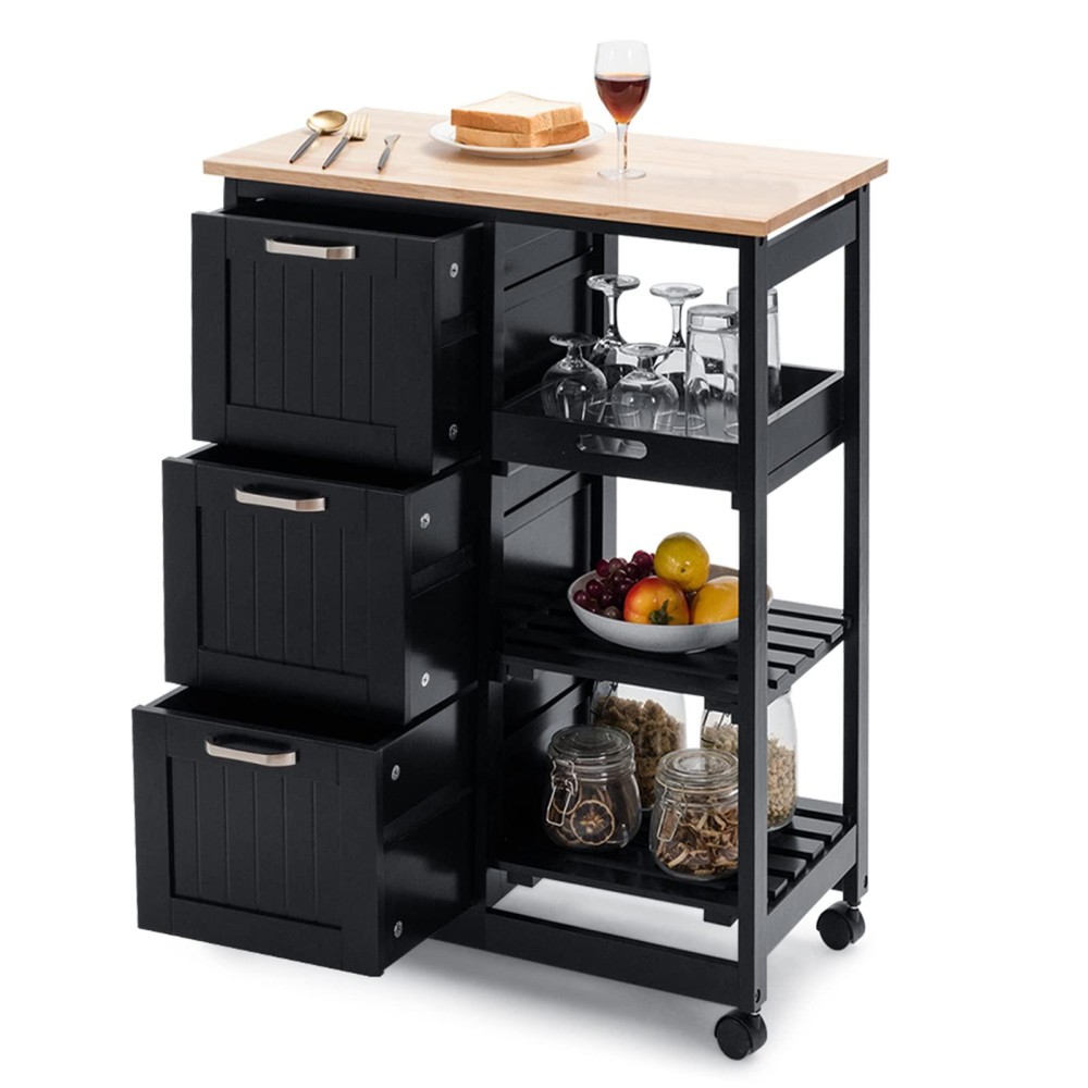 Giantex Kitchen Island Cart, Home Bar Serving Cart, Kitchen Trolley With 3 Large Drawers, Storage Shelf And 3 Tier Shelves, Rolling Storage Cabinet, Mobile Kitchen Cart (Black)