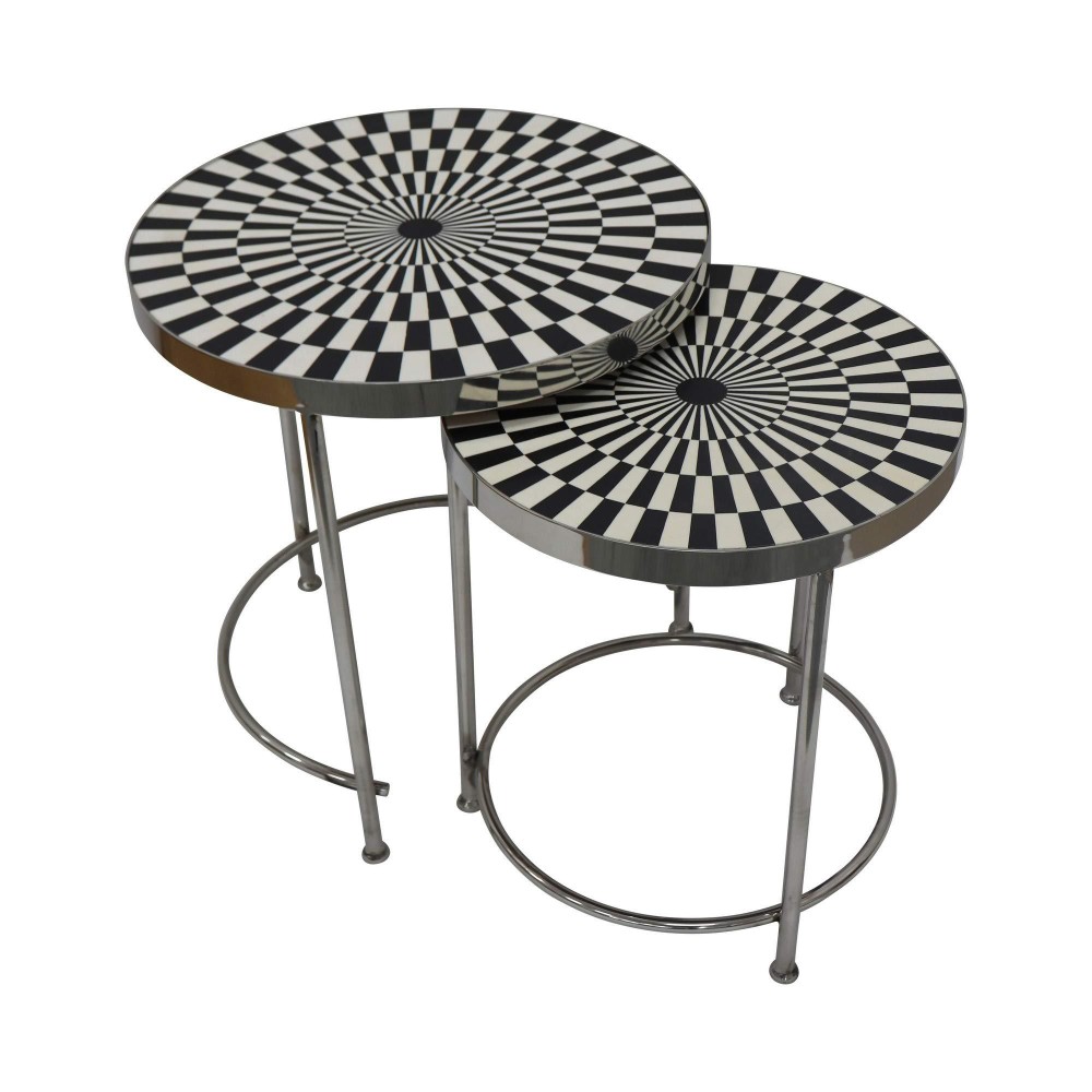 Benjara Round Geometric Top Metal Side Table, Set Of 2, White And Black