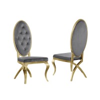 Velvet Side Chair Set of 2 Stainless Steel Gold Legs Dark grey