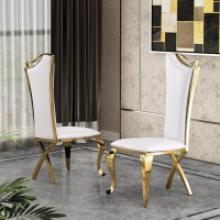 Faux Leather Side Chair Set of 2 Stainless Steel Gold Legs White