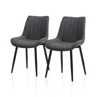 Tukailai Faux Leather Dining Chairs Set Of 2, Modern Linear Design Kitchen Chairs With Upholstered Seat And Metal Legs, Comfy Leisure Chairs For Lounge Living Room Reception Restaurant (Grey)