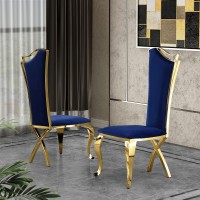 Velvet Side Chair Set of 2 Stainless Steel Gold Legs Navy Blue