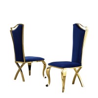 Velvet Side Chair Set of 2 Stainless Steel Gold Legs Navy Blue