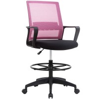 Drafting Chair Tall Office Chair Computer Chair Adjustable Height With Lumbar Support Arms Footrest Mid Back Task Desk Chair Swivel Rolling Mesh Drafting Stool For Adults Women Girls(Pink)