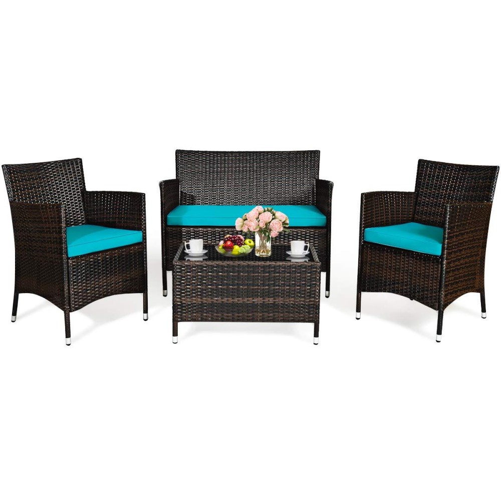 Tangkula 4 Pcs Patio Rattan Conversation Set, Outdoor Wicker Furniture Set With Tempered Glass Coffee Table &Thick Cushion, Rattan Chair Wicker Set For Garden, Lawn, Poolside And Backyard