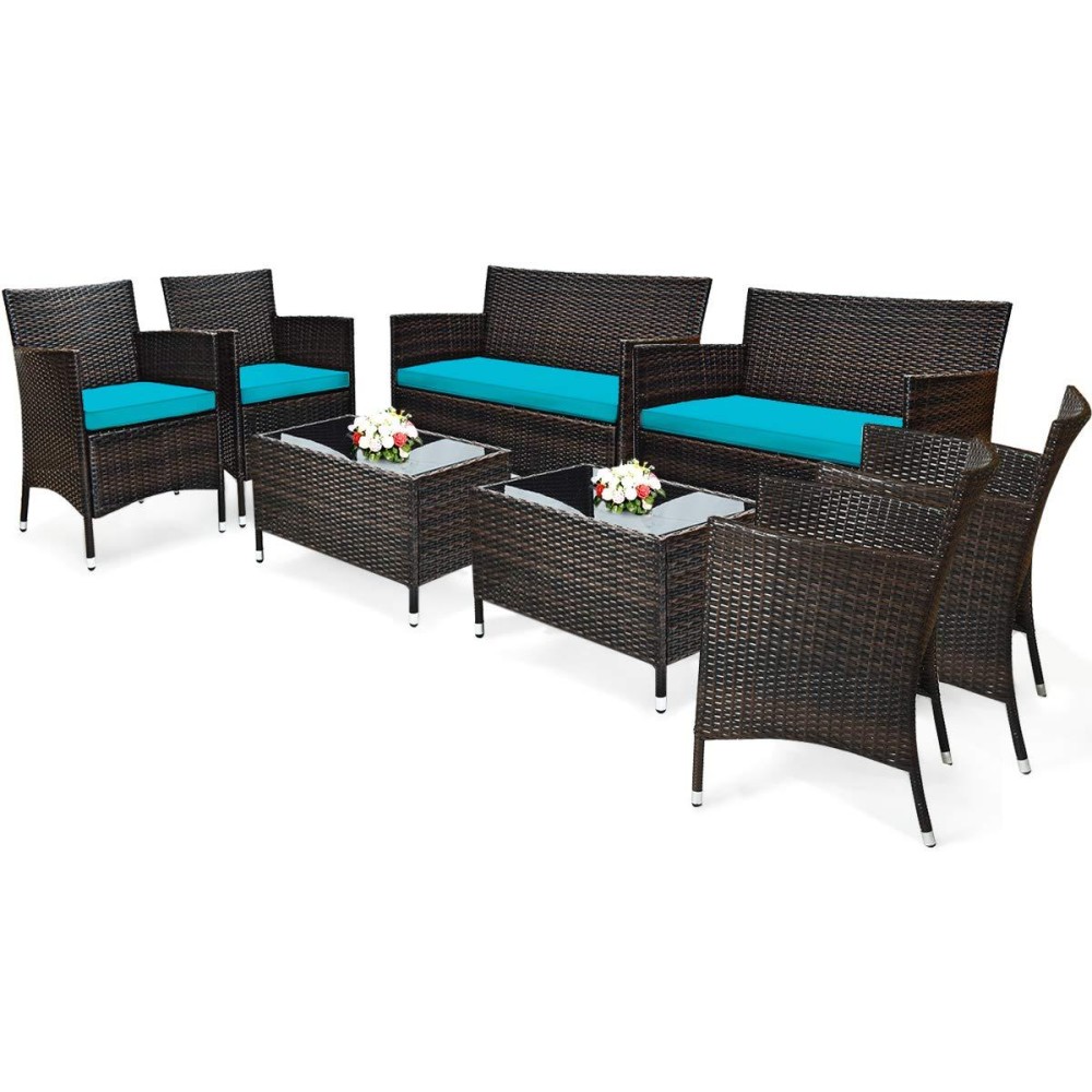 Tangkula 8 Pcs Patio Rattan Conversation Set, Outdoor Wicker Furniture Set With Tempered Glass Coffee Table &Thick Cushion, Rattan Chair Wicker Set For Garden, Lawn, Poolside And Backyard