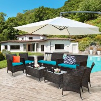 Tangkula 8 Pcs Patio Rattan Conversation Set, Outdoor Wicker Furniture Set With Tempered Glass Coffee Table &Thick Cushion, Rattan Chair Wicker Set For Garden, Lawn, Poolside And Backyard