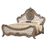 Benjara Leatherette Crown Top Traditional Eastern King Bed With Scrolled Feet, Gold