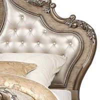 Benjara Leatherette Crown Top Traditional Eastern King Bed With Scrolled Feet, Gold