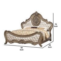 Benjara Leatherette Crown Top Traditional Eastern King Bed With Scrolled Feet, Gold