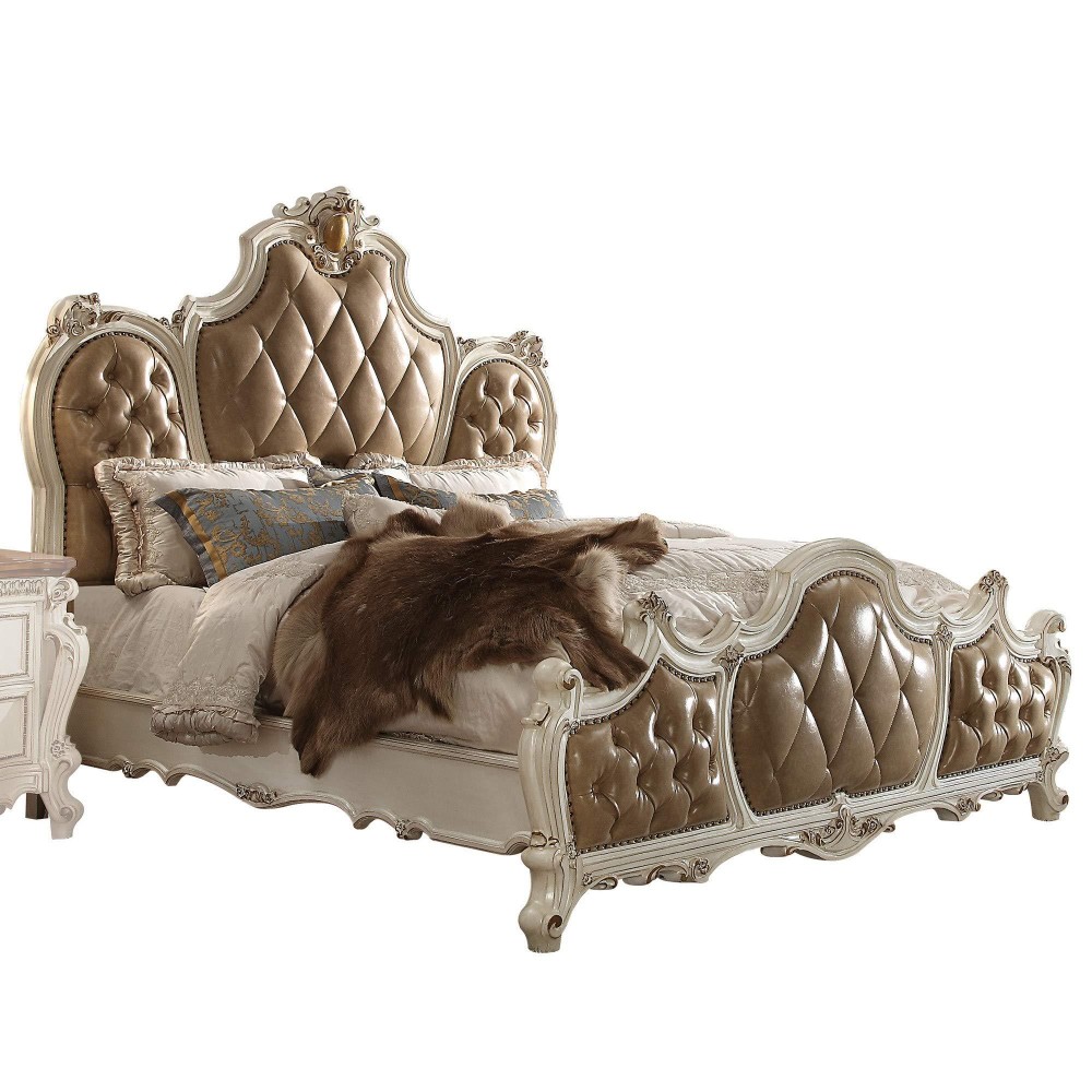 Benjara Button Tufted Eastern King Bed With Crown Top And Scrolled Legs, Brown