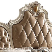 Benjara Button Tufted Eastern King Bed With Crown Top And Scrolled Legs, Brown