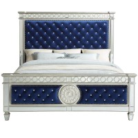 Benjara Button Tufted Fabric Eastern King Bed With Mirror Panel, Blue And Silver