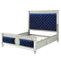 Benjara Button Tufted Fabric Eastern King Bed With Mirror Panel, Blue And Silver