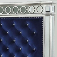 Benjara Button Tufted Fabric Eastern King Bed With Mirror Panel, Blue And Silver