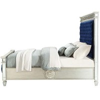 Benjara Button Tufted Fabric Eastern King Bed With Mirror Panel, Blue And Silver