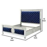 Benjara Button Tufted Fabric Eastern King Bed With Mirror Panel, Blue And Silver