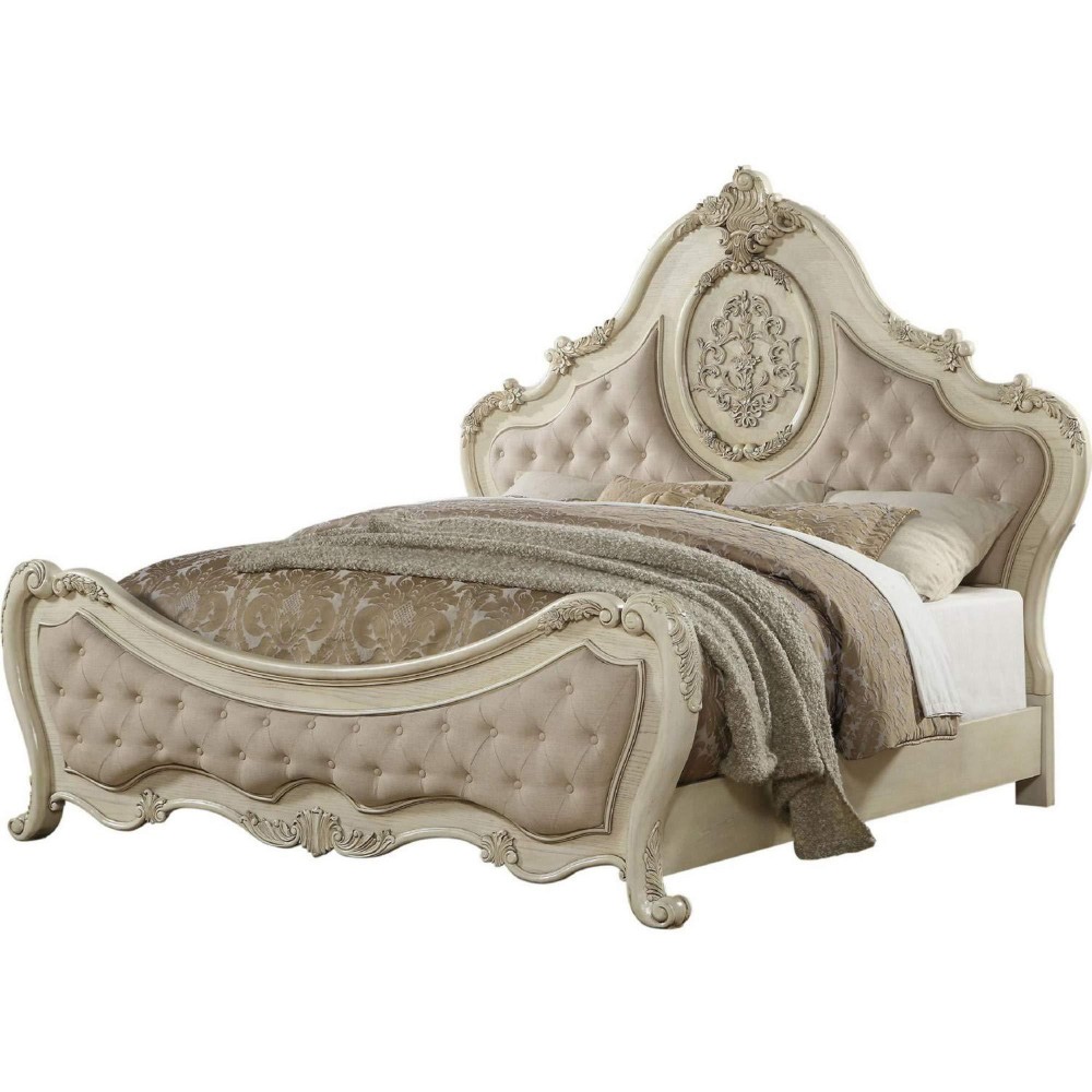 Benjara Button Tufted Crown Top Eastern King Bed With Scrolled Feet, Beige