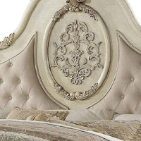 Benjara Button Tufted Crown Top Eastern King Bed With Scrolled Feet, Beige