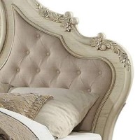 Benjara Button Tufted Crown Top Eastern King Bed With Scrolled Feet, Beige