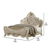 Benjara Button Tufted Crown Top Eastern King Bed With Scrolled Feet, Beige