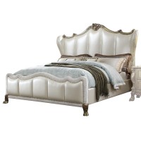 Benjara Wingback Leatherette Queen Bed With Crown Top And Nailhead Trim, White