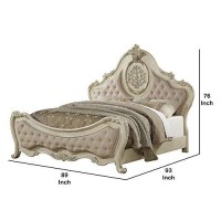 Benjara Button Tufted Crown Top California King Bed With Scrolled Feet, Beige