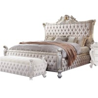 Benjara Crowned And Button Tufted Fabric Upholstered Eastern King Bed, White