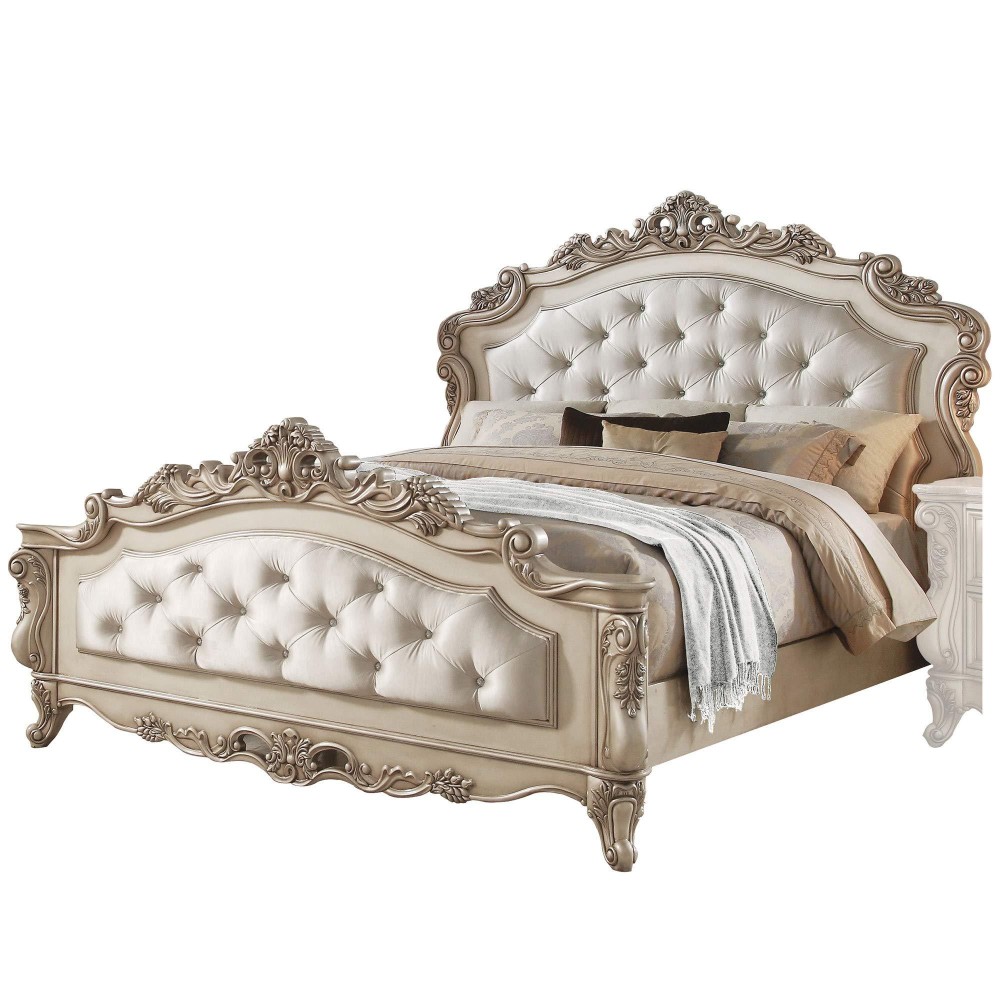 Benjara California King Size Bed With Scalloped Engraving Details, Gold