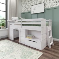 Max & Lily Loft Bed Twin Size, Solid Wood Low Loft Bed With Storage Drawer And Ladder, Modern Farmhouse Loft Bed For Kids, White Wash