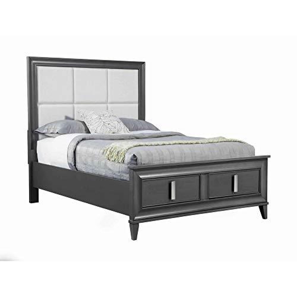 Benjara Transitional California King Storage Bed With Fabric Headboard, Gray, Cream