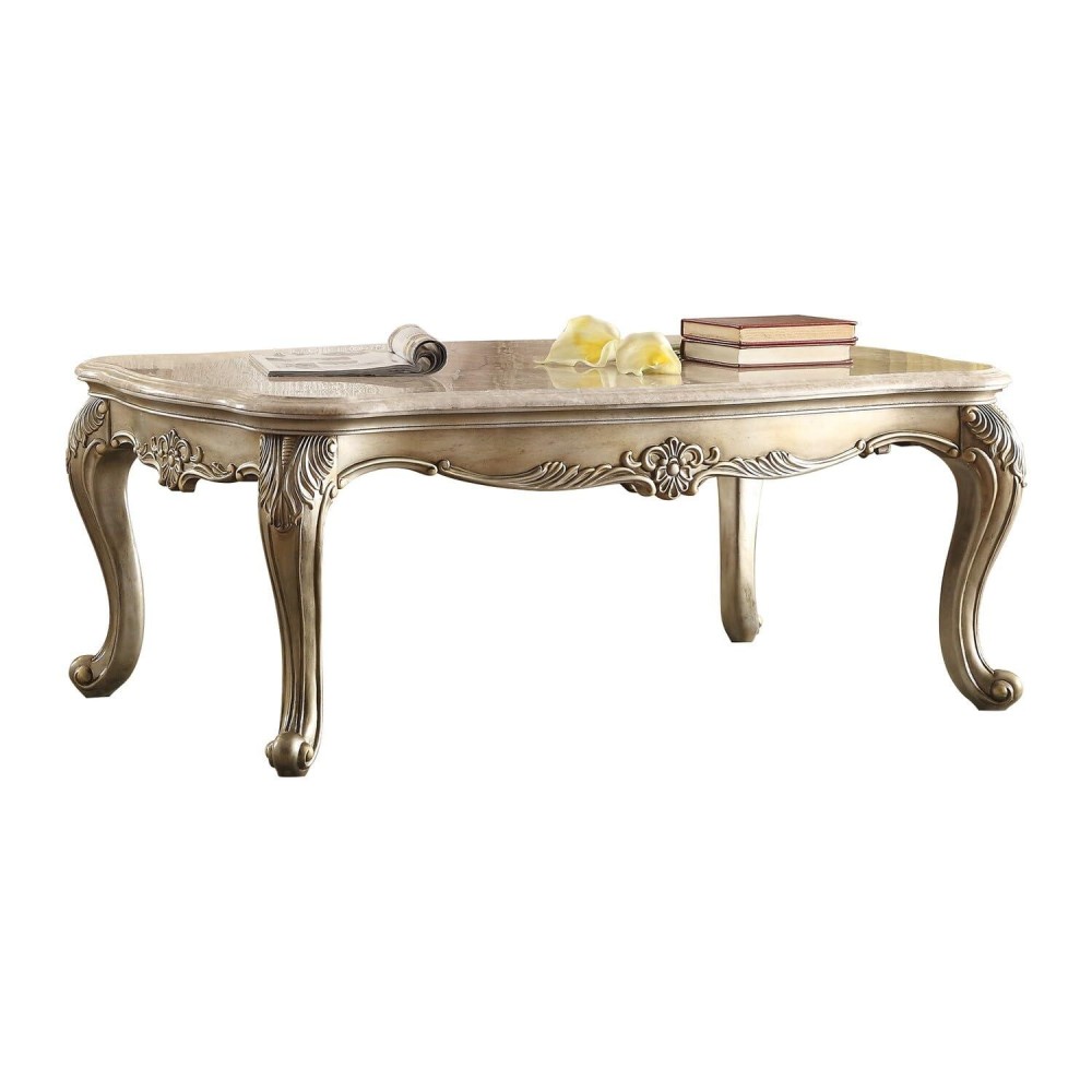 Benjara Traditional Wooden Cocktail Table With Marble Top And Carved Details, Gold